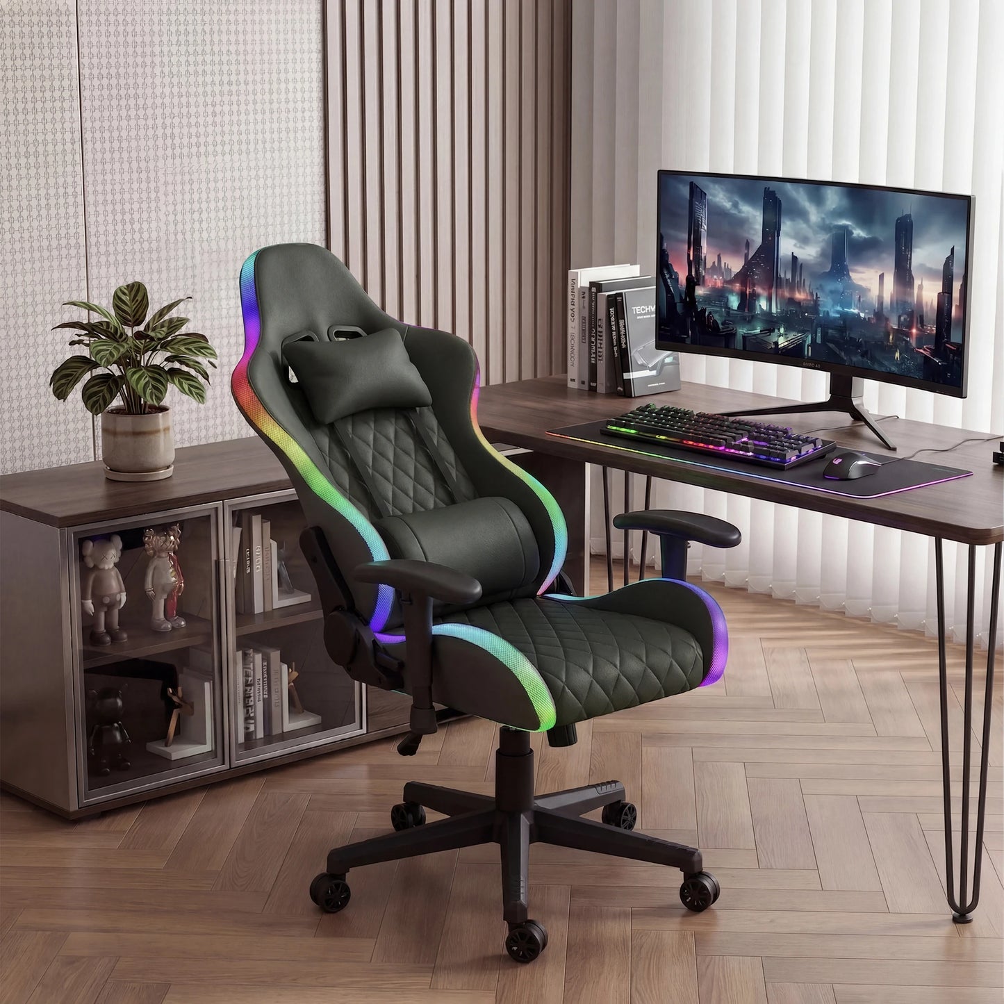 Ergonomic Office Chair with Lumbar Massage, RGB LED Lighting, Reclining Backrest, Adjustable Armrests, Gaming Desk Chair for Home Office