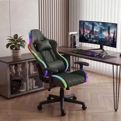 Ergonomic Office Chair with Lumbar Massage, RGB LED Lighting, Reclining Backrest, Adjustable Armrests, Gaming Desk Chair for Home Office