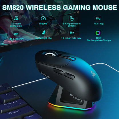 SOLAKAKA SM820 tri-mode draadloze muis met magnetisch oplaadstation, RGB, PAW3311, 24000DPI, draadloze macro-gamingmuis, ultralicht