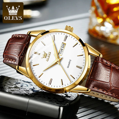 OLEVS-kwartshorloge voor heren – Luxe en elegante stijl, leren band, datum- en dagweergave, waterdicht, ideaal voor op het werk