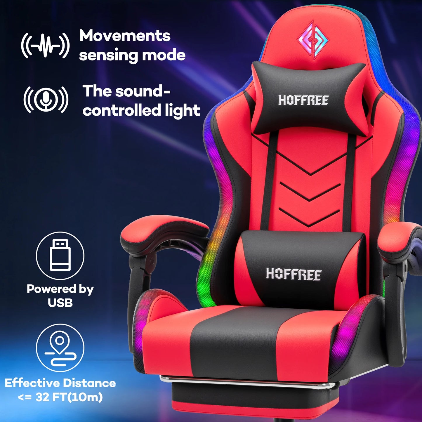 300lbs RGB LED Gaming Chair with Wireless Speakers, Ergonomic Massage Gaming Chair with Footrest, Reclining Computer Gaming Chair for Adults