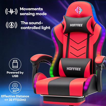 300lbs RGB LED Gaming Chair with Wireless Speakers, Ergonomic Massage Gaming Chair with Footrest, Reclining Computer Gaming Chair for Adults
