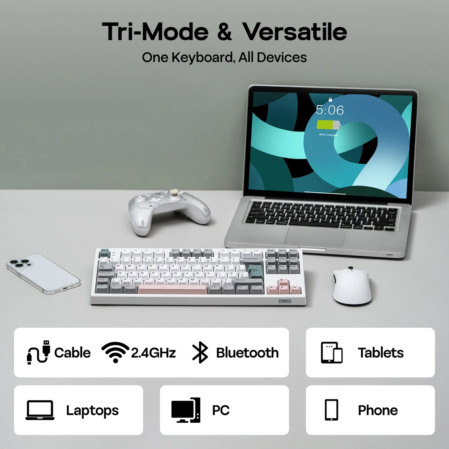 Teclado mecánico EPOMAKER TH87 con distribución ISO-UK TKL, con cable/BT/inalámbrico 2.4Ghz, NKRO, batería de 10000mAh y luz RGB