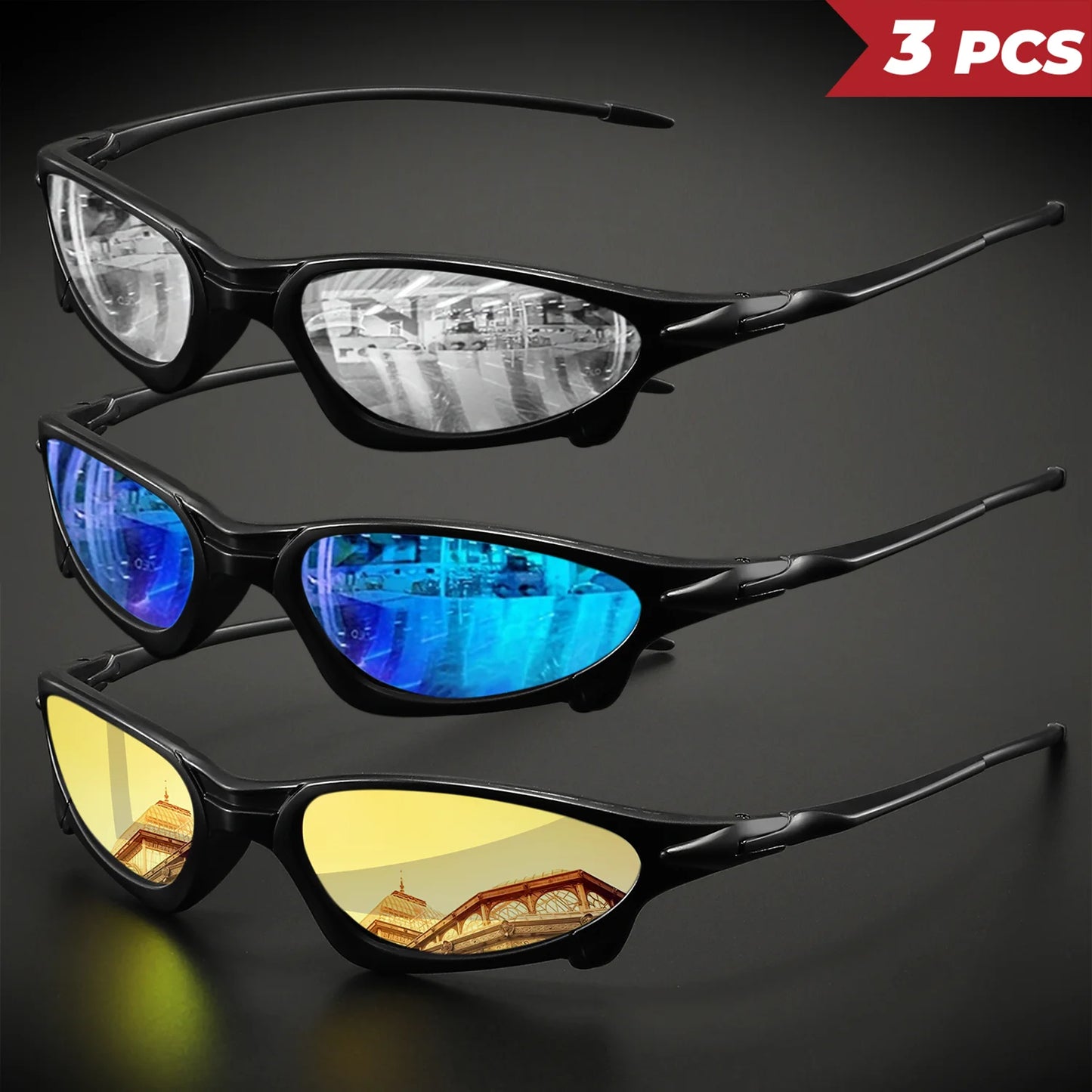 3PCS Futuristic Small Frame Colorful Sports Sunglasses - Wraparound Fit, UV400 for Cycling, Fishing & Travel