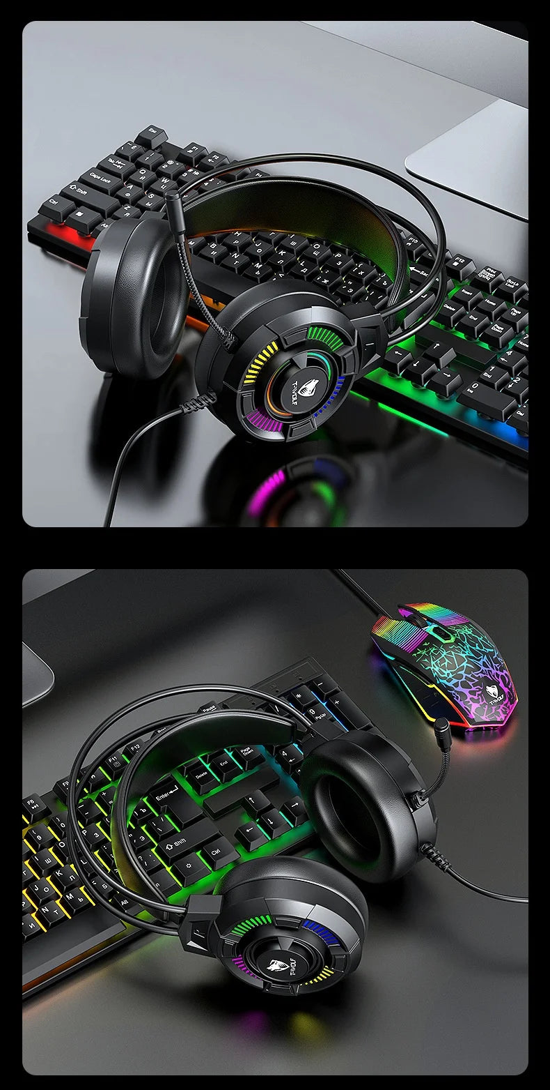Casque de jeu T-Wolf H140, filaire, éclairage LED RVB, son surround 7.1, casque supra-auriculaire avec micro pour PC, ordinateur portable, joueurs sur ordinateur de bureau
