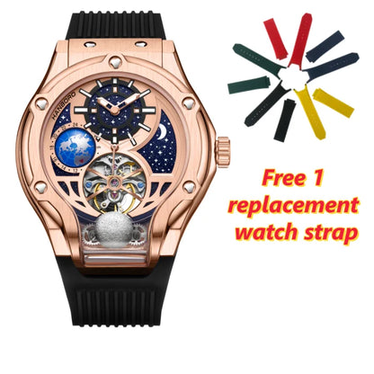ase Autoy HANBORO Men’s Luxury Automatic Skeleton Watch  Rose Gold Starry Sky Moon Phase Mechanical WristwatchHollow Flywheel Moon Phxury Space Theme Sports Watch 980