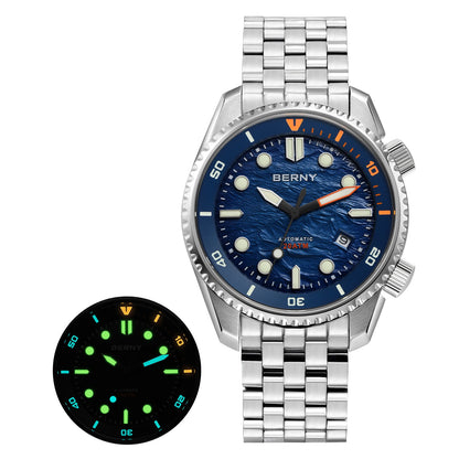 BERNY Automatic Diver Watch for Men Top Luxury Sapphire 316L Steel Blue Dial 200M Waterproof Mechanical Diving Men's Watches