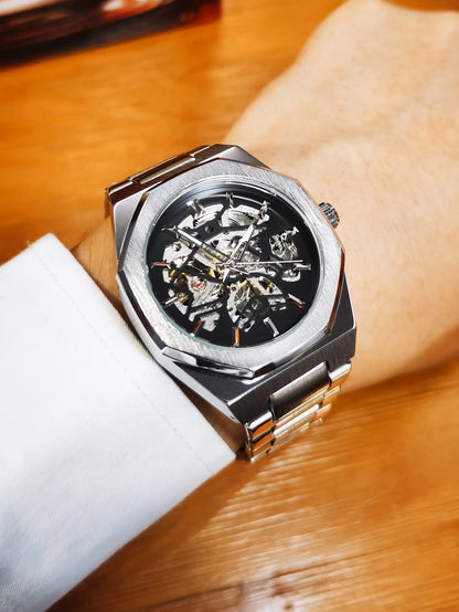WINNER Black Gold Skeleton Mechanical Watches for Men Fashion irregular Automatic Watch Luxury Brand Stainless Steel Strap 2023
