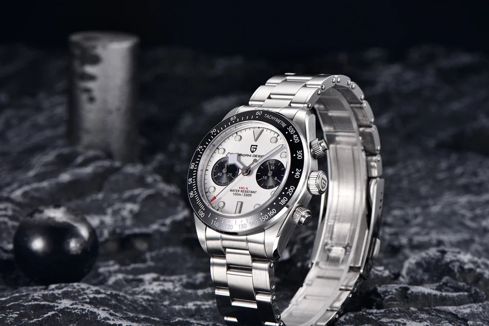 Vyriškas laikrodis „PAGANI DESIGN“ „Panda“ – prabangus kvarcinis chronografas, atsparus vandeniui, safyro stiklas su antirefleksine danga, šviečiantis sportinis laikrodis