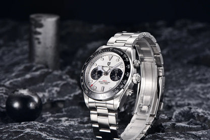 Vyriškas laikrodis „PAGANI DESIGN“ „Panda“ – prabangus kvarcinis chronografas, atsparus vandeniui, safyro stiklas su antirefleksine danga, šviečiantis sportinis laikrodis