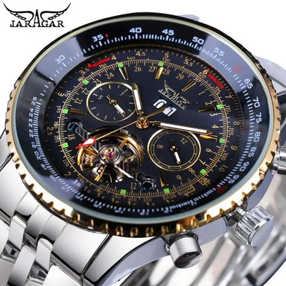 JARAGAR 034, lyxig retro-armbandsur med automatisk mekanisk urverk, tourbillon, skelettur, rostfritt stål, veckokalender, herrklocka
