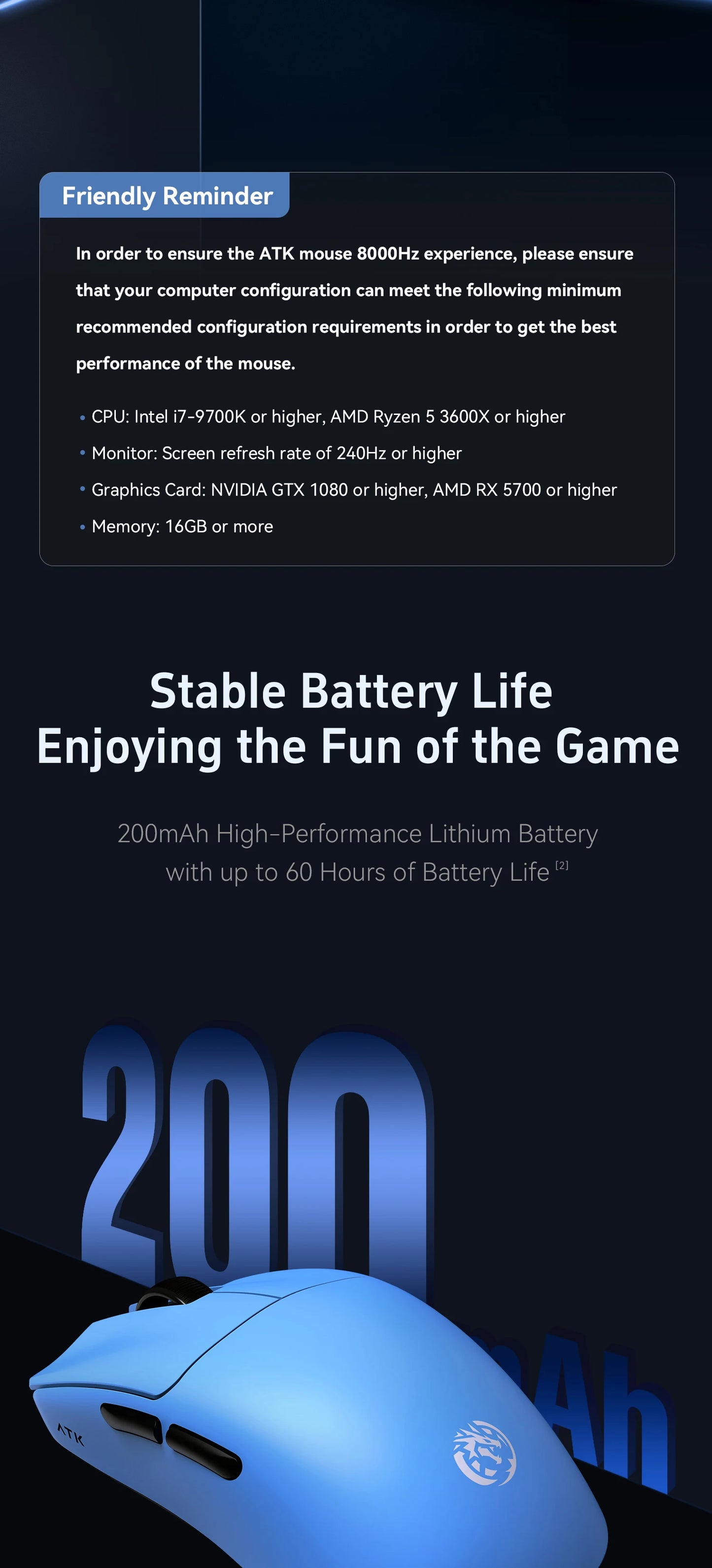 ATK BlazingSky F1 Extreme vezeték nélküli gaming egér, PAW3950 Ultra, két üzemmód, 8000Hz, 35g, könnyű e-sport FPS egér