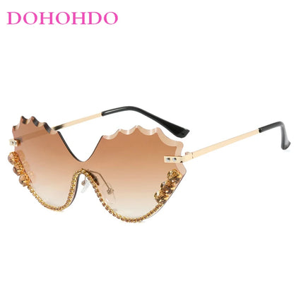 Fashion Luxury Brand Design Diamond Wave Rimless Women Sunglasses Hip Hop Eyewear Outdoor Glasses Unisex Shades Glasses UV400