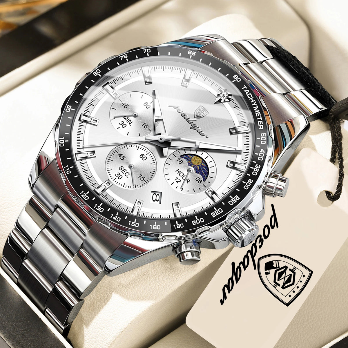 Montre homme POEDAGAR de luxe, élégante et étanche, chronographe à quartz avec date, style classique et lumineux.