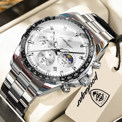 Montre homme POEDAGAR de luxe, élégante et étanche, chronographe à quartz avec date, style classique et lumineux.