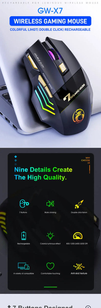 Brezžična miška Bluetooth, polnilna računalniška miška za gamerje, ergonomska gaming miška z RGB osvetlitvijo in tihim delovanjem za PC