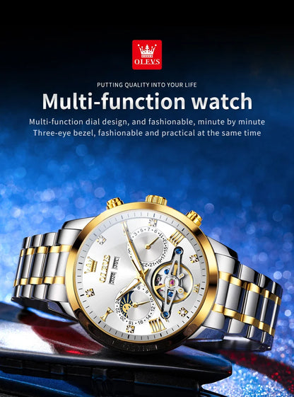 OLEVS Men's Watches - Moon Phase Hollow Flywheel Exclusive Original Automatic Mechanical Watches For Men Luxury Man Watch New 7029
