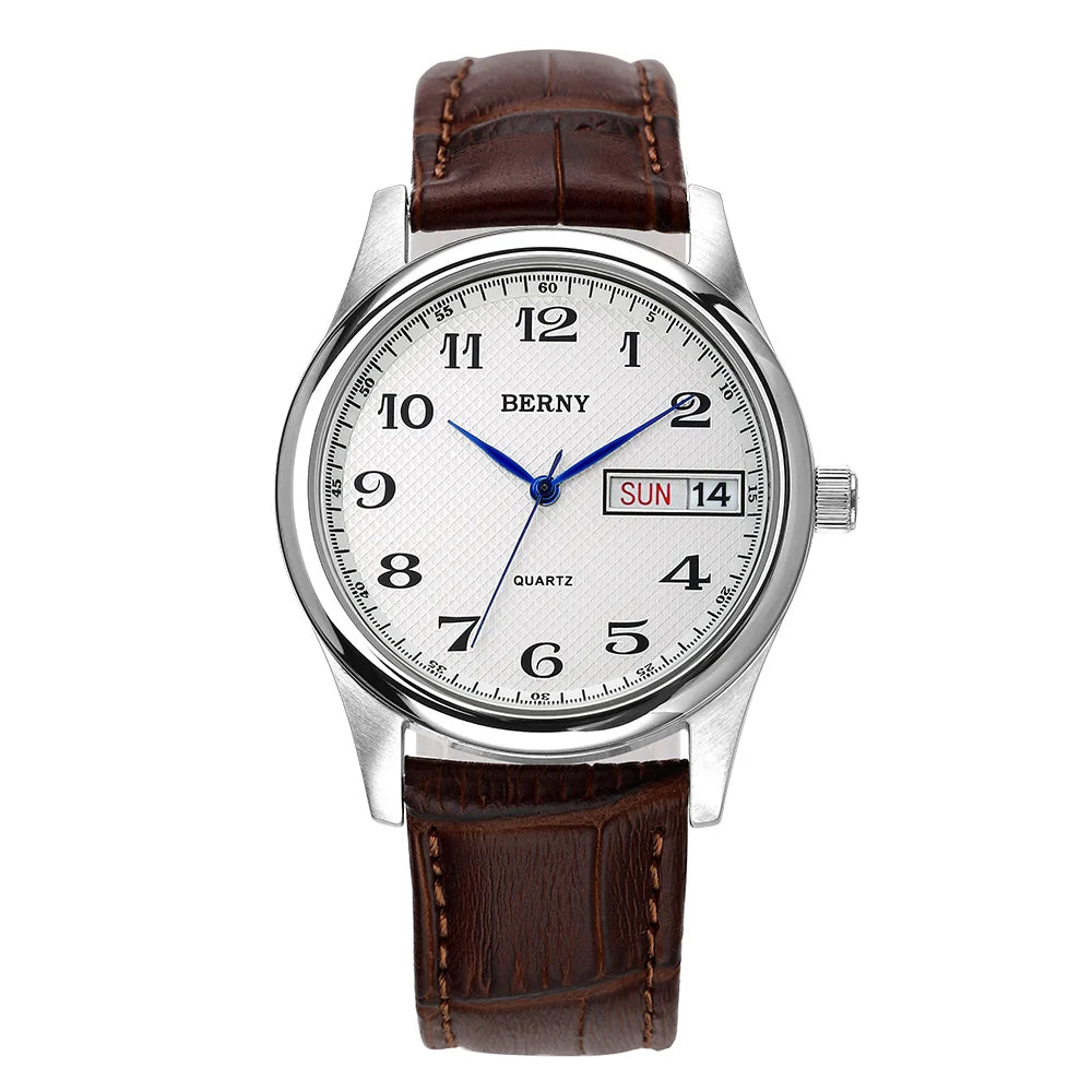 BERNY Men's Watch Quartz Day Top Calendar Wristwatch Waterproof Blued Steel Hands Arabic Numerals Easy Read Relogio Masculino