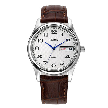 BERNY Men's Watch Quartz Day Top Calendar Wristwatch Waterproof Blued Steel Hands Arabic Numerals Easy Read Relogio Masculino