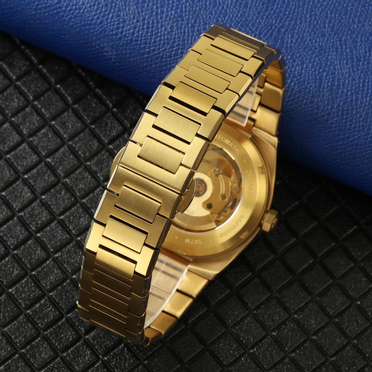 BERNY men’s automatic watch, gold-coloured, sapphire crystal, luminescent hands, 100% genuine, fitted with a PT5000 movement, anti-reflective coating, luxury model with interchangeable bezel, water-resistant to 5 ATM.
