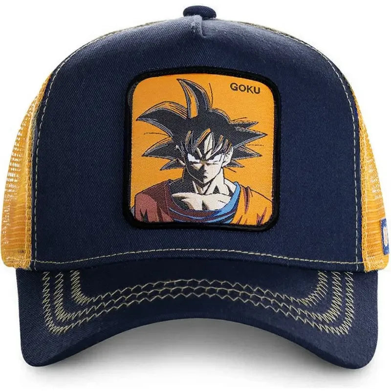 Dragon Ball Son Goku sapka, nyári utazós csúcsos sapka, férfi hímzett hip-hop stílusú napellenzős, állítható trucker hálós sapka