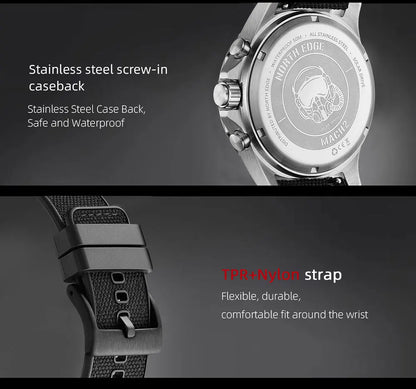 NORTH EDGE Men's Watches Solar Power 316 Stainless Steel Case Quartz Watch for Men Pilot Waterproof 50M Stopwatch