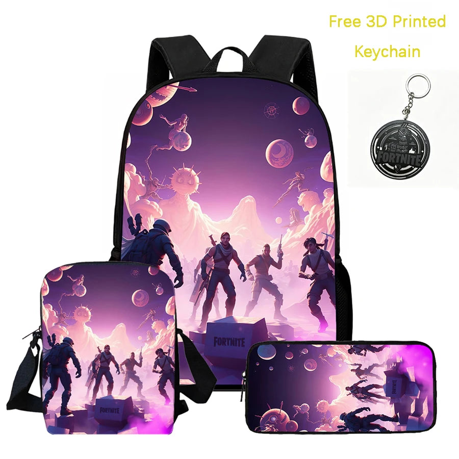 Conjunto de mochila infantil 3 peças, mala a tiracolo e estojo, mala FORTNITE com desenhos, leve para meninos e meninas dos 5 aos 10 anos, porta-chaves 3D impresso grátis