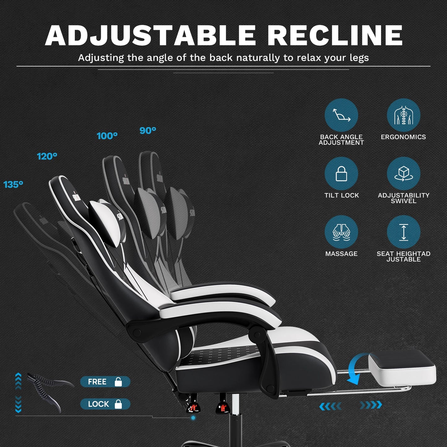 SUKIDA Ergonomic Gaming Chair with Footrest, Lumbar Support Computer Chair, Comfortable Office Chair with Adjustable Reclining Backrest
