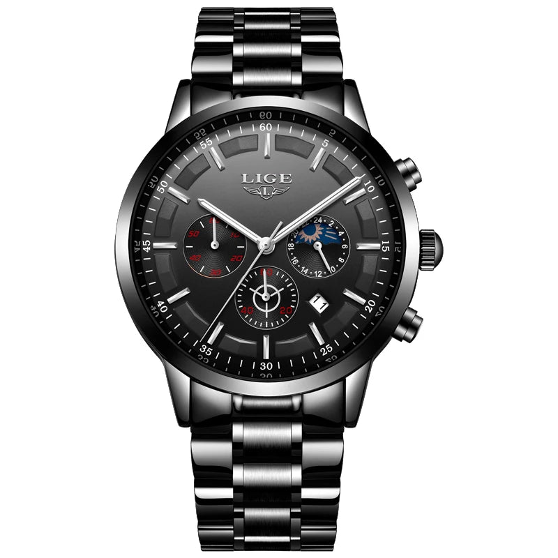LIGE Men’s Watch – Luxury quartz chronograph, water-resistant (3 bar), with luminescent hands – Gift idea (box included)