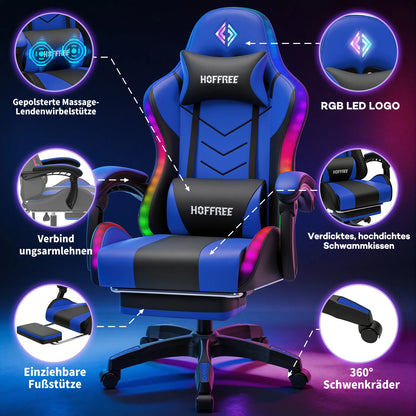 300lbs RGB LED Gaming Chair with Wireless Speakers, Ergonomic Massage Gaming Chair with Footrest, Reclining Computer Gaming Chair for Adults
