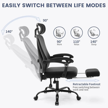 Ergonomic Office Chair With Adjustable Lumbar Support & Footrest, High-Back Mesh Gaming Chair With Tilt Mechanism For Home