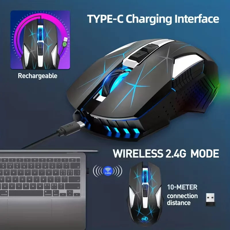 Wireless Gaming Mouse 2.4G Colorful Breathing Light Instant Response No Tangled Cables Work with Gaming Switch