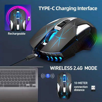 Wireless Gaming Mouse 2.4G Colorful Breathing Light Instant Response No Tangled Cables Work with Gaming Switch