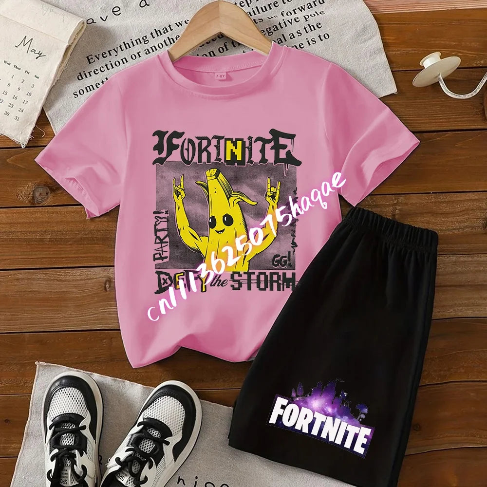 Fortnite Series T-Shirt- und Shorts-Set für Kinder, Hot-Game-Oberteil und Hose, sommerliches, niedliches Homewear-Loungewear-Outfit, Geburtstagsgeschenk