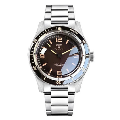 Tandorio NH35A PT5000 Mechanical Mens Watch 20BAR Waterproof Sapphire Luminous Red Black Dial Stainless Steel Bracelet New Clock