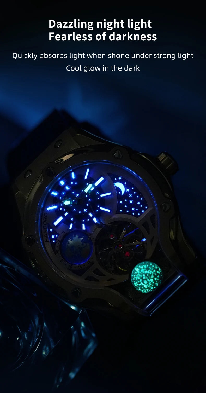 ase Autoy HANBORO Men’s Luxury Automatic Skeleton Watch  Rose Gold Starry Sky Moon Phase Mechanical WristwatchHollow Flywheel Moon Phxury Space Theme Sports Watch 980