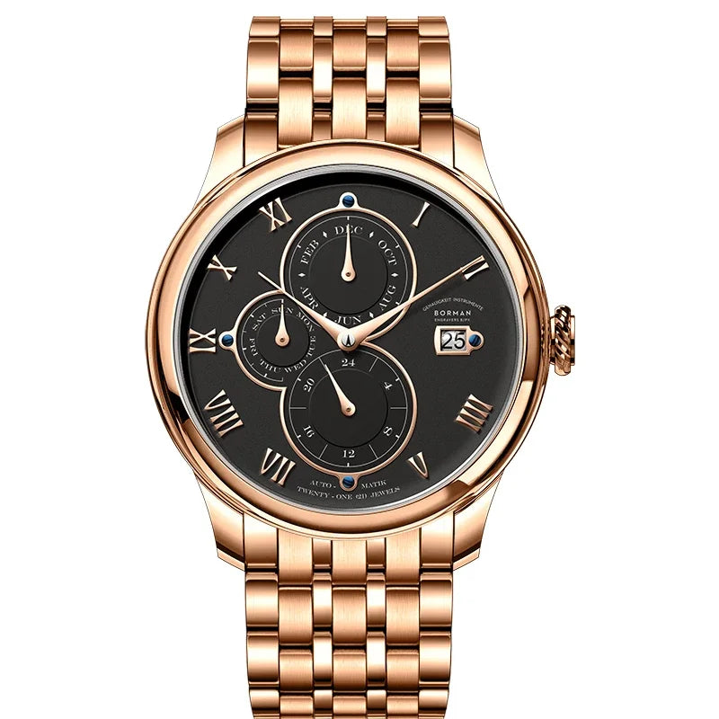 Luxury Brand BORMAN Automatic Mechanical Men's Watches Sapphire 50M Waterproof Multi-function Dial Retro Leather Clocks BM18011
