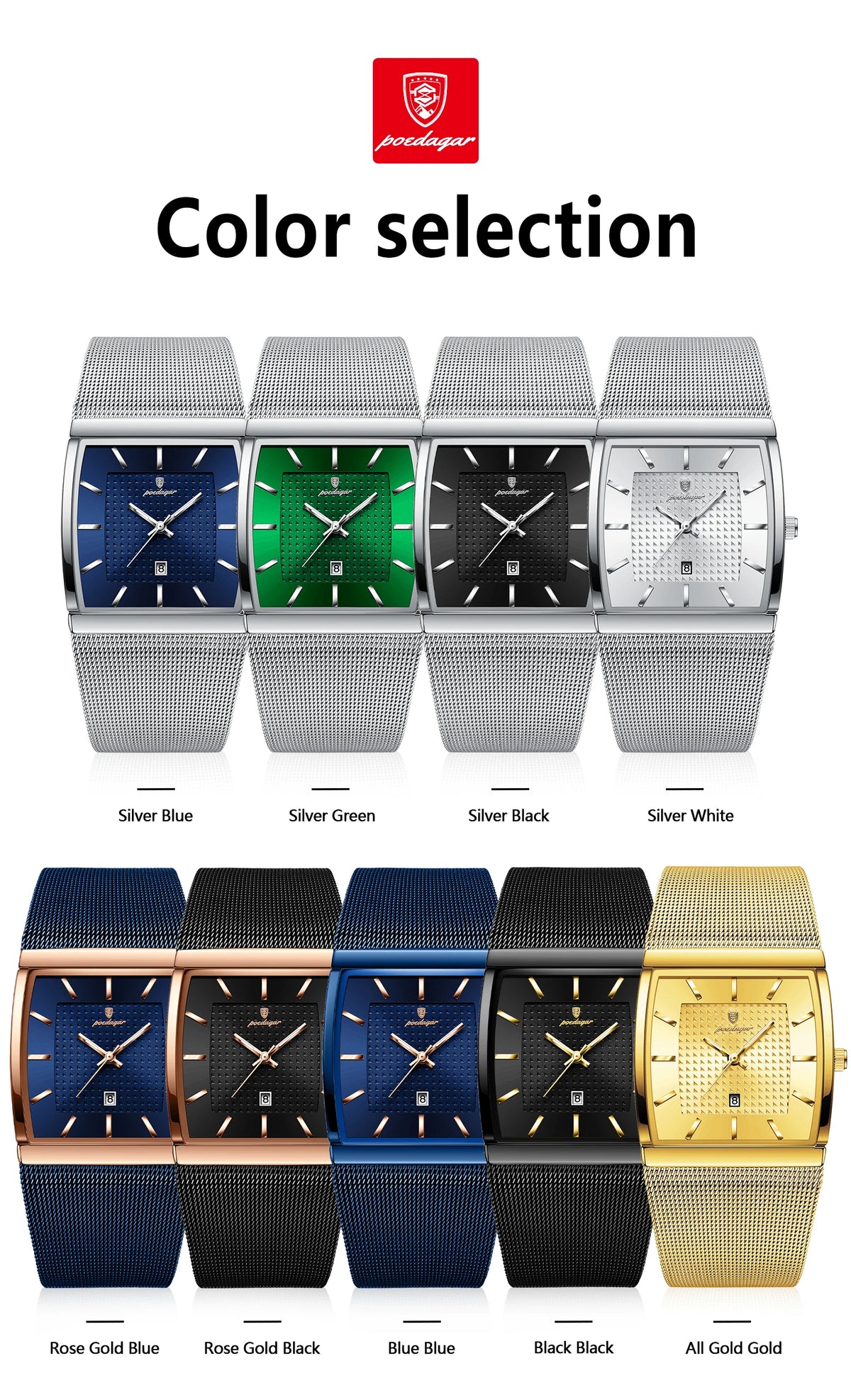 POEDAGAR Men’s Luxury Rectangle Quartz Watch Stainless Steel Mesh Strap, Luminous Dial & Date
