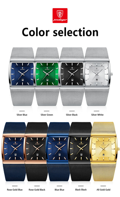 POEDAGAR Men’s Luxury Rectangle Quartz Watch Stainless Steel Mesh Strap, Luminous Dial & Date