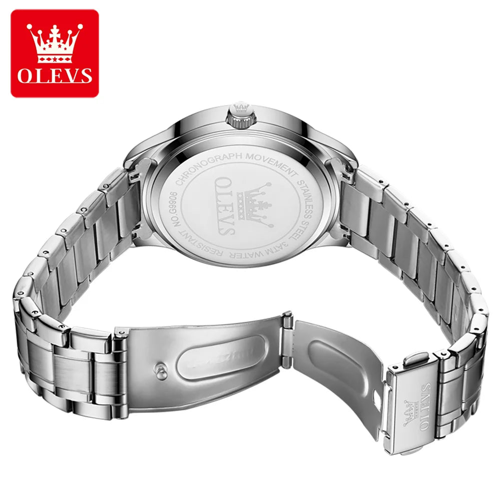OLEVS 9906 kvartsarmbandsur för män, fyrkantig modell prydd med diamanter, armband i rostfritt stål, vattentätt, med dubbel kalender; ett originellt lyxarmbandsur, perfekt för arbetslivet.