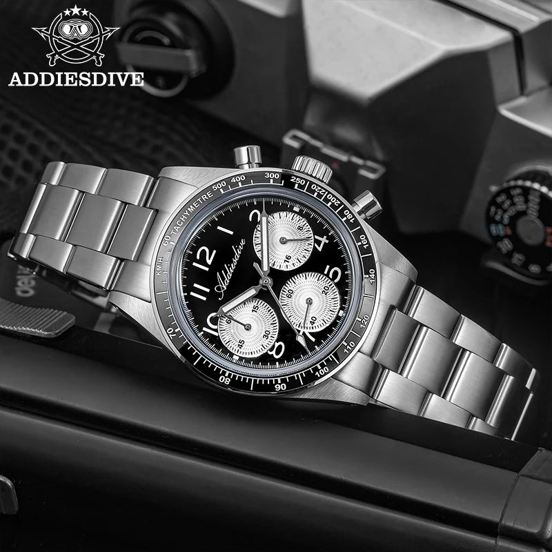 ADDIESDVIE Men Watch Reloj Hombre 10Bar Waterproof AD2517 BGW9 Super Luminous 316L Stainless Steel VK63 Chronograph Quartz Watch
