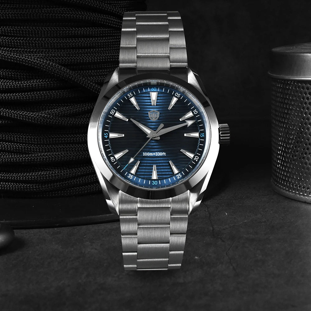 „Watchdives“ laikrodis WD0006, mechanizmas VH31 su sklandžiai veikiančia sekundės rodykle, išgaubtas safyro stiklas, švytinti danga BGW9, atsparus vandeniui iki 10 barų, 38 mm, klasikinis stilius