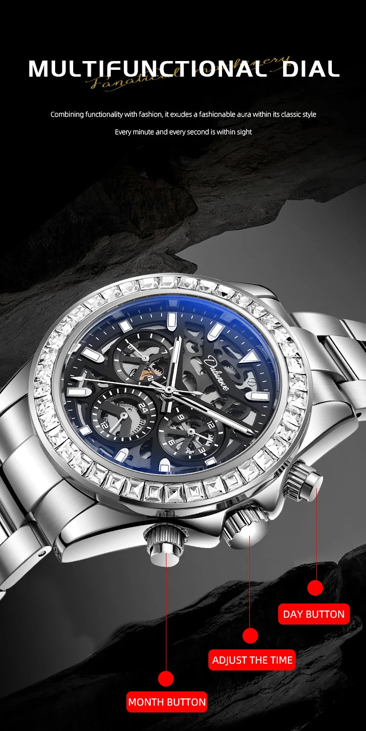 Diamond Bezel Stainless Steel Automatic Watch Fashion Mulitfunction Waterproof Luminous Mechanical Watches for Men