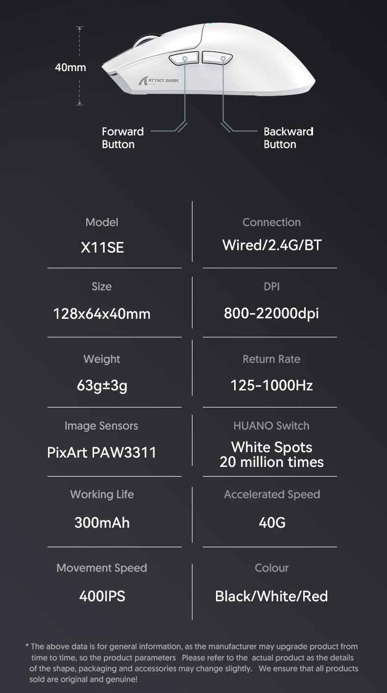 ATTACK SHARK X11 X11 SE Wireless Gaming Mouse 22K DPI PAW3311 63g Lightweight Tri-Mode Bluetooth/2.4G/Wired 20M Clicks RGB