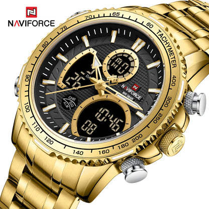Мъжки спортен часовник NAVIFORCE – Оригинален луксозен ръчен часовник от неръждаема стомана, водоустойчив модел във военен стил с двойно показване
