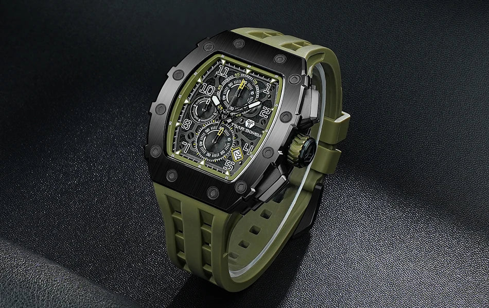 Reloj TSAR BOMBA para hombre, marca de lujo, diseño tonneau, impermeable, de acero inoxidable, reloj de pulsera de moda rectangular para hombre
