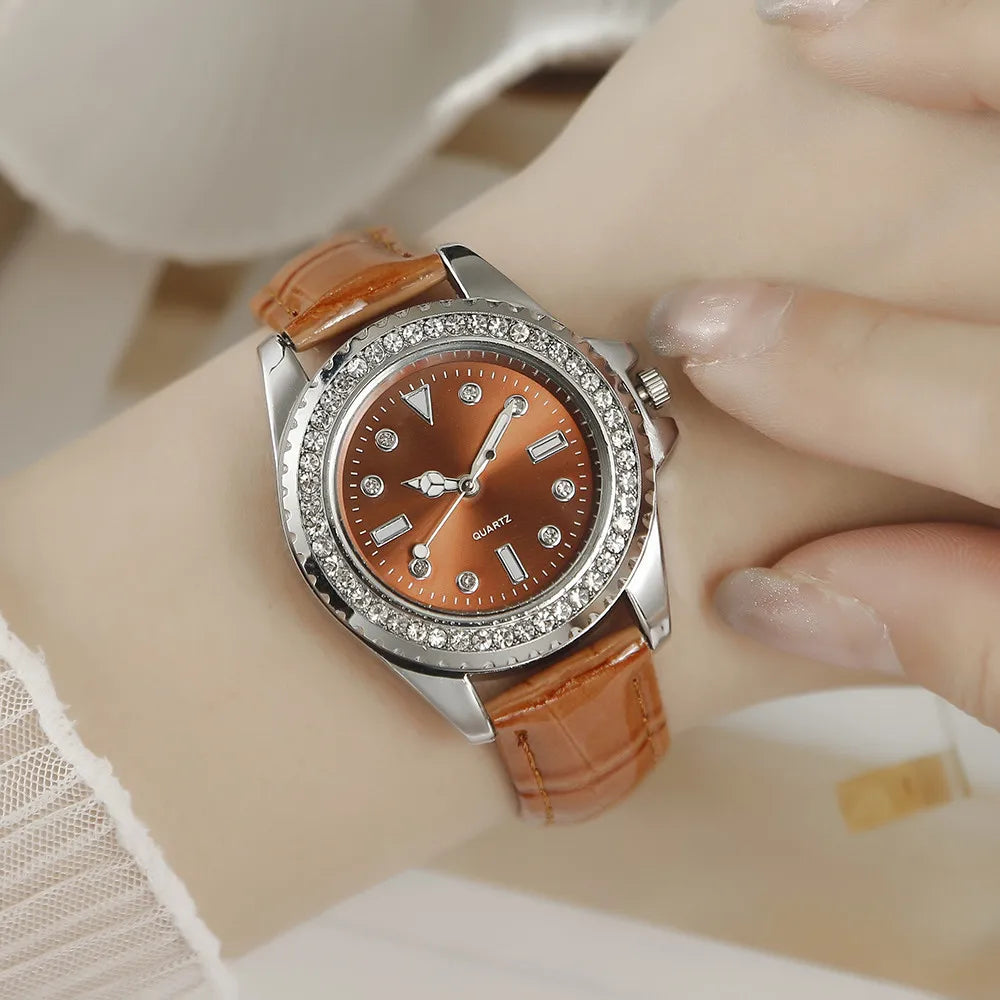Ladies Luxury Diamond Branded Quartz Watch Fashion 2025 New Simple Green Leather Women's Dress Clock Watch DDP
