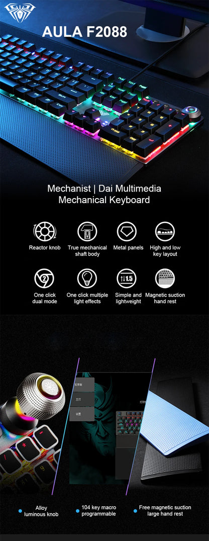 AULA F2088 mechanische kabelgebundene Gaming-Tastatur mit Multifunktions-Drehregler, 104 Tasten, magischer Hintergrundbeleuchtung und Makroprogrammierung für Computer