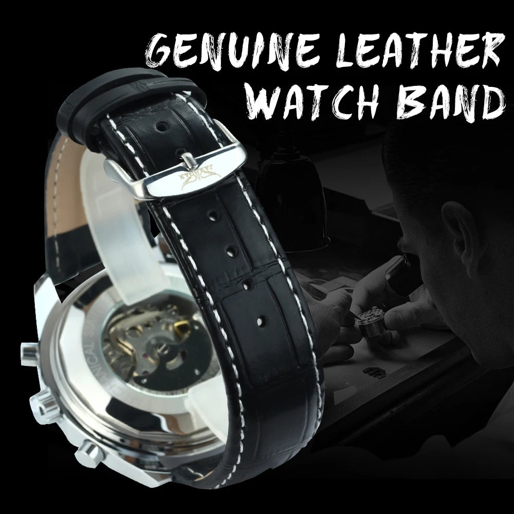 JARAGAR Men’s Luxury Automatic Mechanical Watch  Military Sport Design, Multifunction Dial & Leather Strap