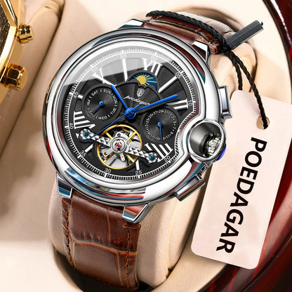 POEDAGAR herenhorloge, luxe en professionele stijl, met datum- en dagweergave, tourbillon, roestvrijstalen kast, automatisch mechanisch uurwerk en waterdicht.